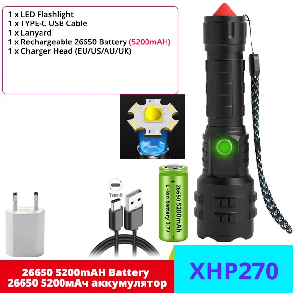 A New Generation XHP270 LED Flashlight Powerful USB Torch Self-Defense T6 Tactical Mini