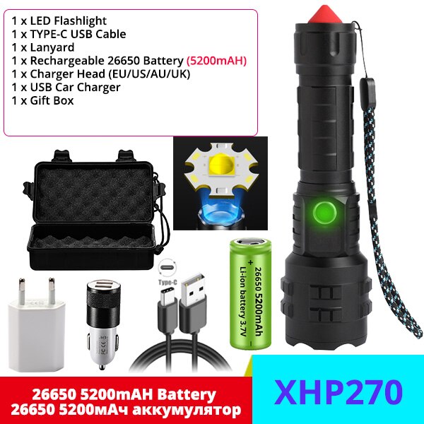 A New Generation XHP270 LED Flashlight Powerful USB Torch Self-Defense T6 Tactical Mini