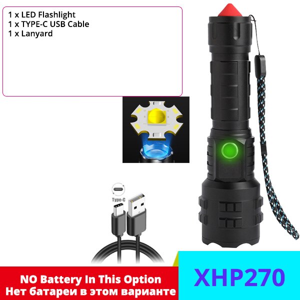 A New Generation XHP270 LED Flashlight Powerful USB Torch Self-Defense T6 Tactical Mini