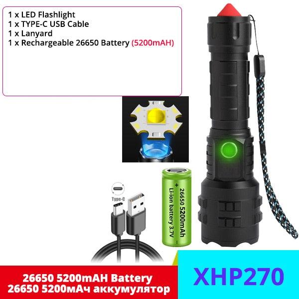 A New Generation XHP270 LED Flashlight Powerful USB Torch Self-Defense T6 Tactical Mini