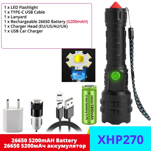 A New Generation XHP270 LED Flashlight Powerful USB Torch Self-Defense T6 Tactical Mini