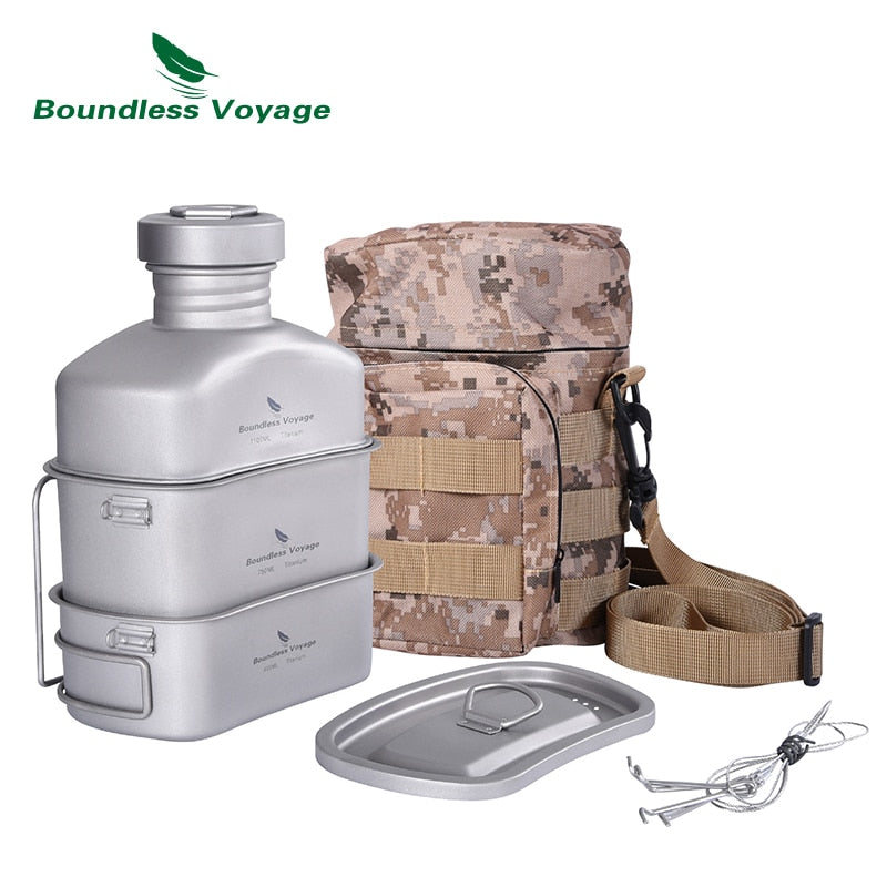 Boundless Voyage Outdoor Camping Titanium Military Canteen Cups Cooking Set Water Bottle