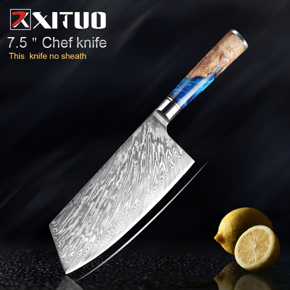 Knives-Set Damascus Steel Chef Knife Cleaver Paring Utility Bread Knife Cooking Tool Blue