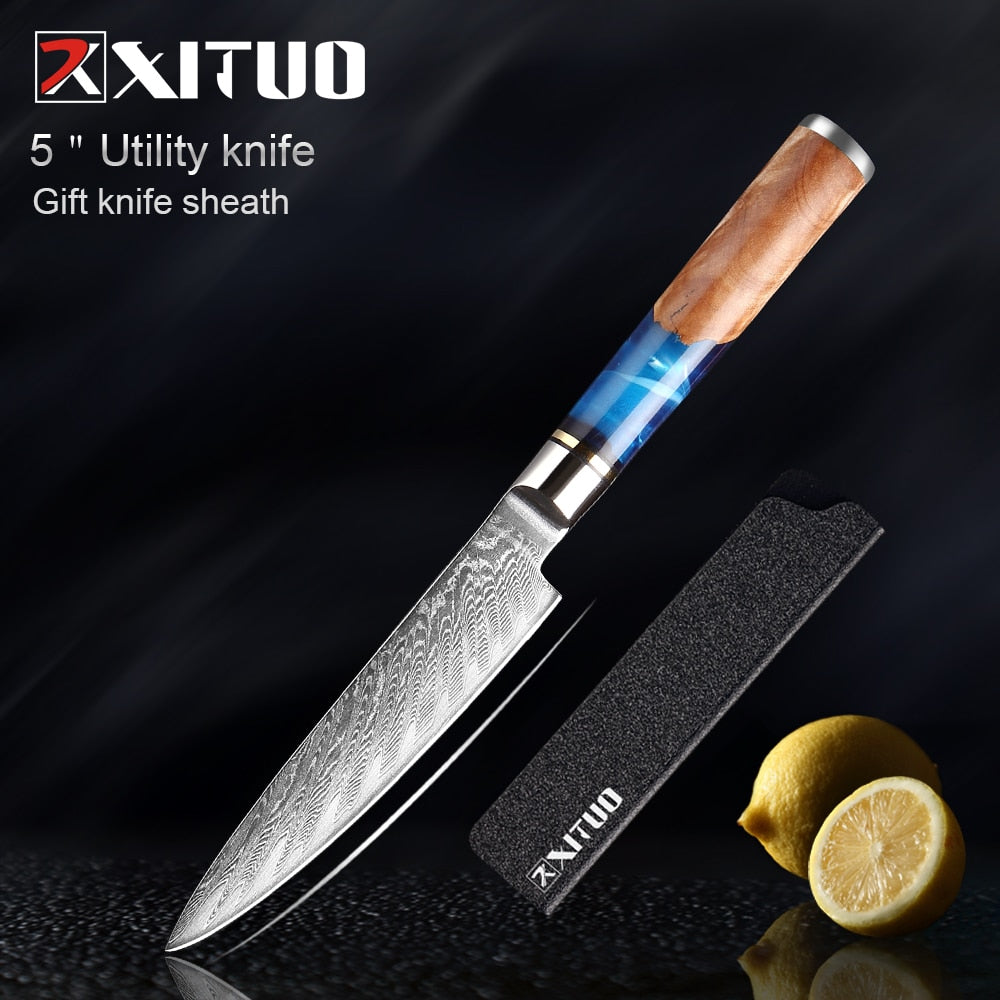 Knives-Set Damascus Steel Chef Knife Cleaver Paring Utility Bread Knife Cooking Tool Blue