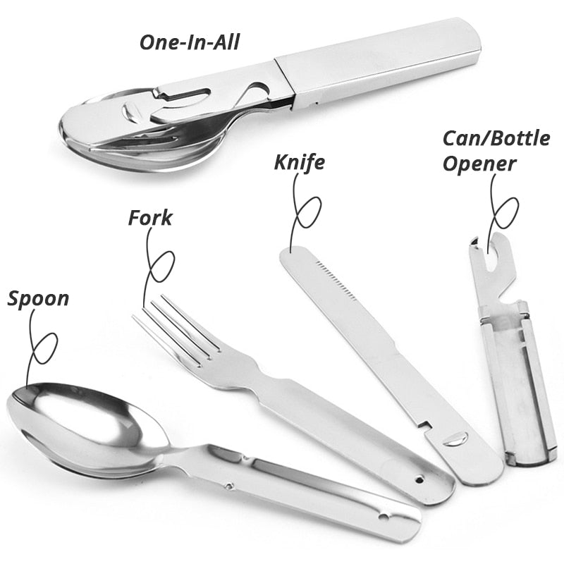 4-in-1 Portable Stainless Steel Camping Spoon, Fork, Knife and Can/Bottle Opener, Military