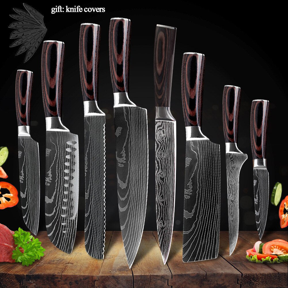 Chef Knife With Cover 1-8Pcs Stainless Steel Kitchen Knife Cleaver Slicing Damascus Veins