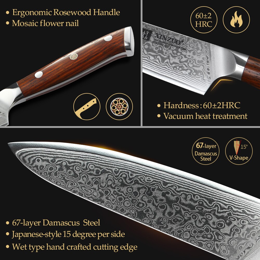 Chef Kitchen Knife Set VG10 Damascus Steel Chef Utility Knives Rosewood Handle Tools