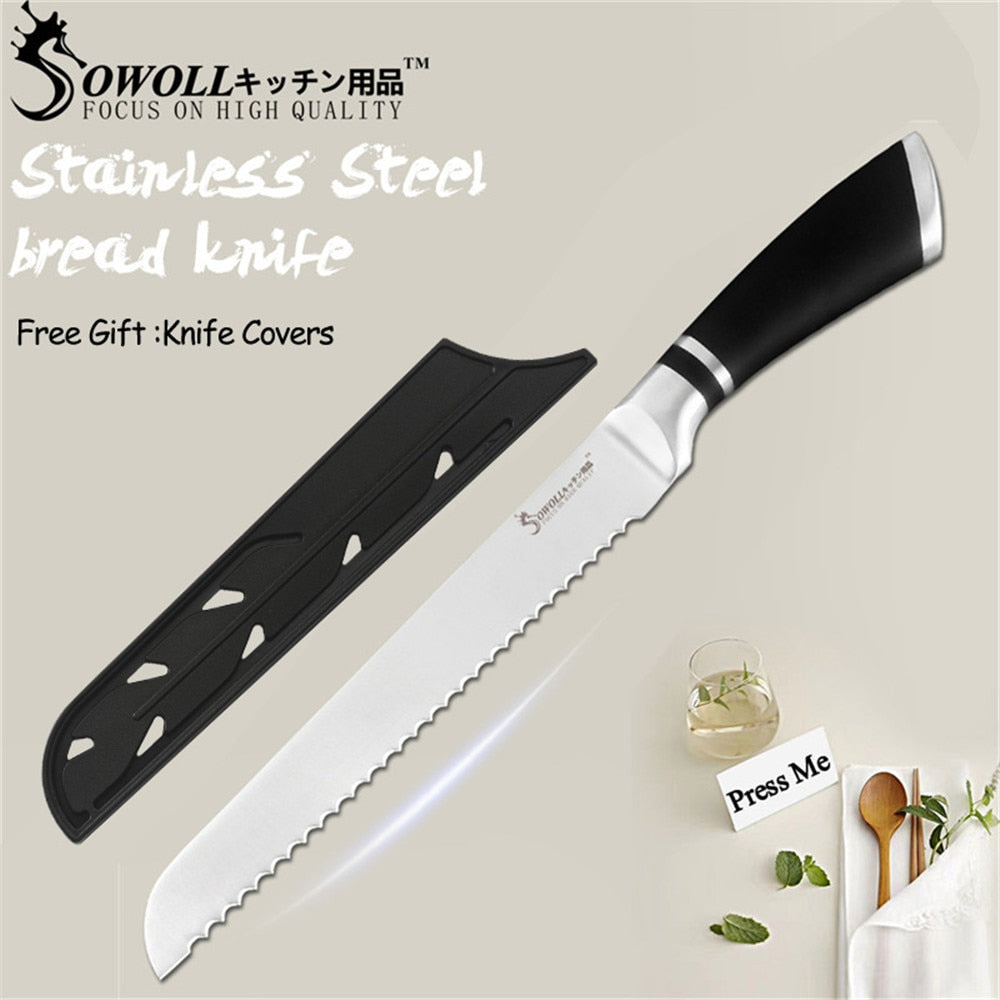 SOWOLL Kitchen Knives 1-7Pcs Stainless Steel Knives Paring Utility Santoku Bread Slicing Tool