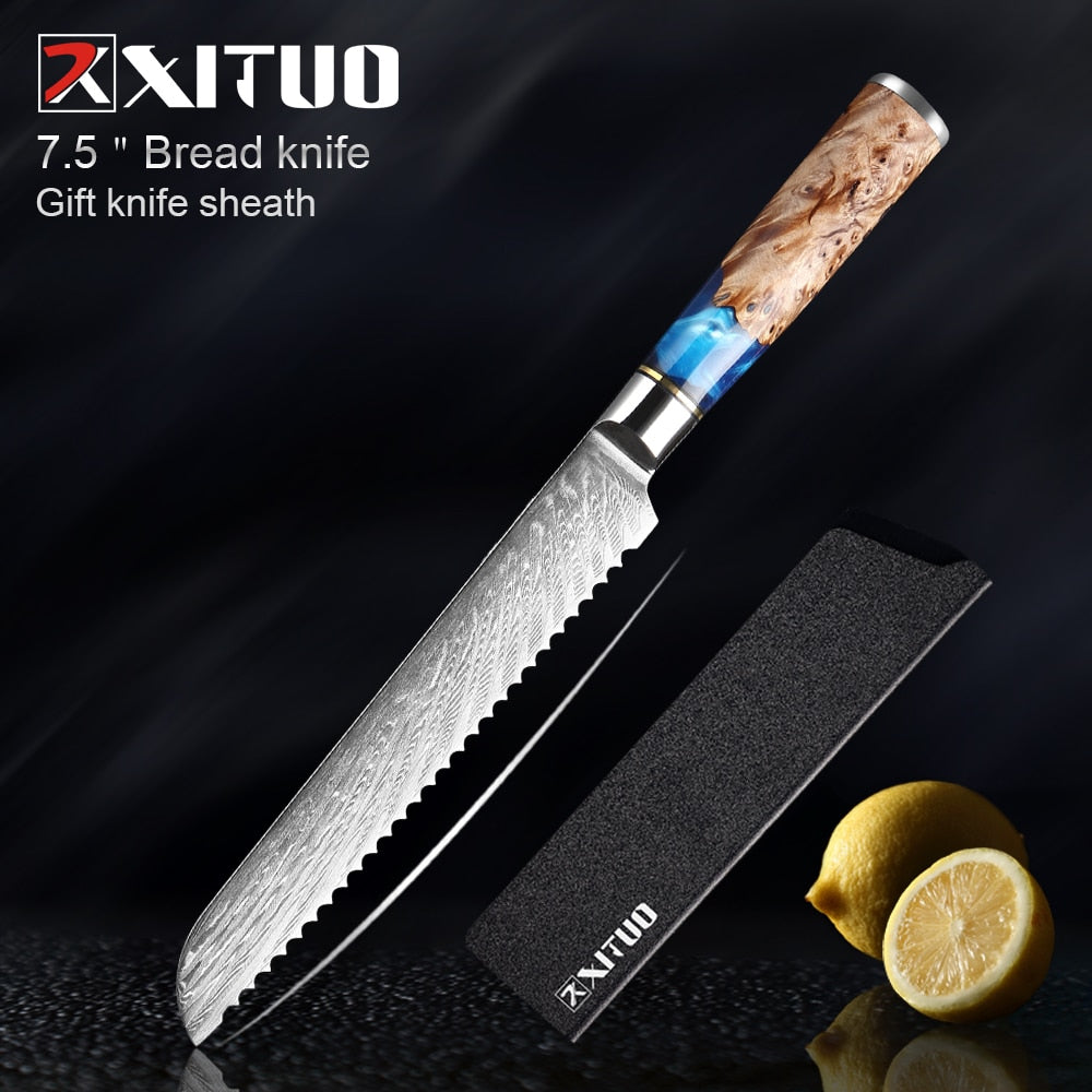 Knives-Set Damascus Steel Chef Knife Cleaver Paring Utility Bread Knife Cooking Tool Blue