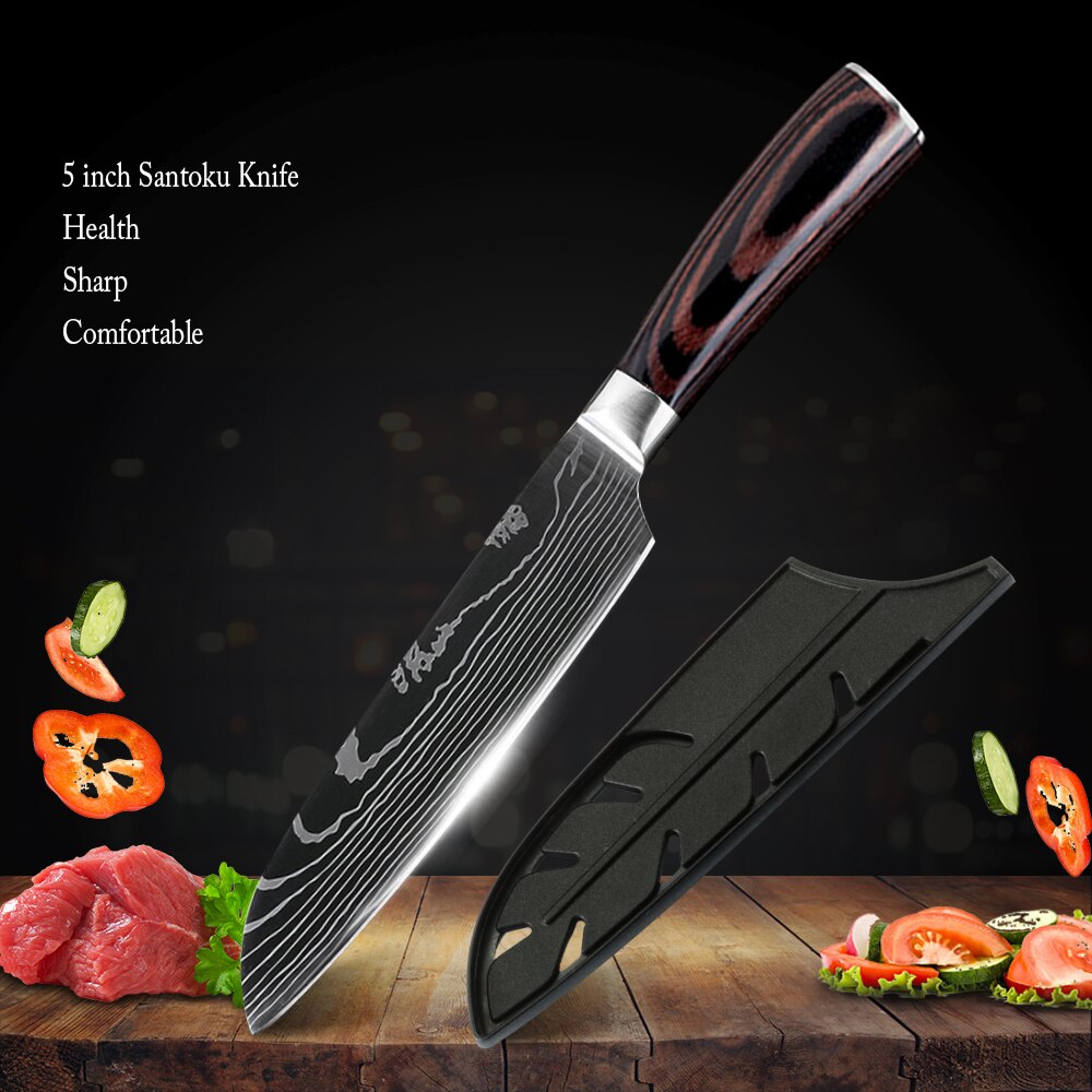 Chef Knife With Cover 1-8Pcs Stainless Steel Kitchen Knife Cleaver Slicing Damascus Veins