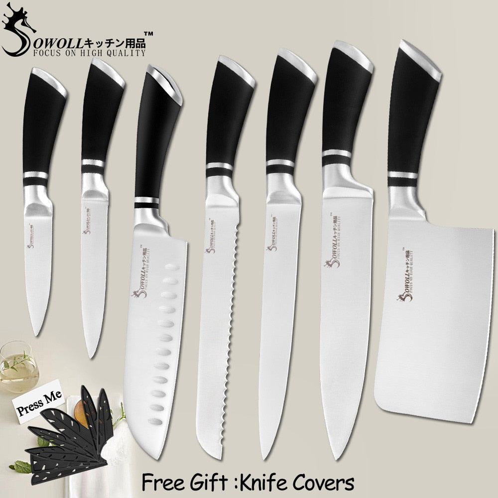 SOWOLL Kitchen Knives 1-7Pcs Stainless Steel Knives Paring Utility Santoku Bread Slicing Tool