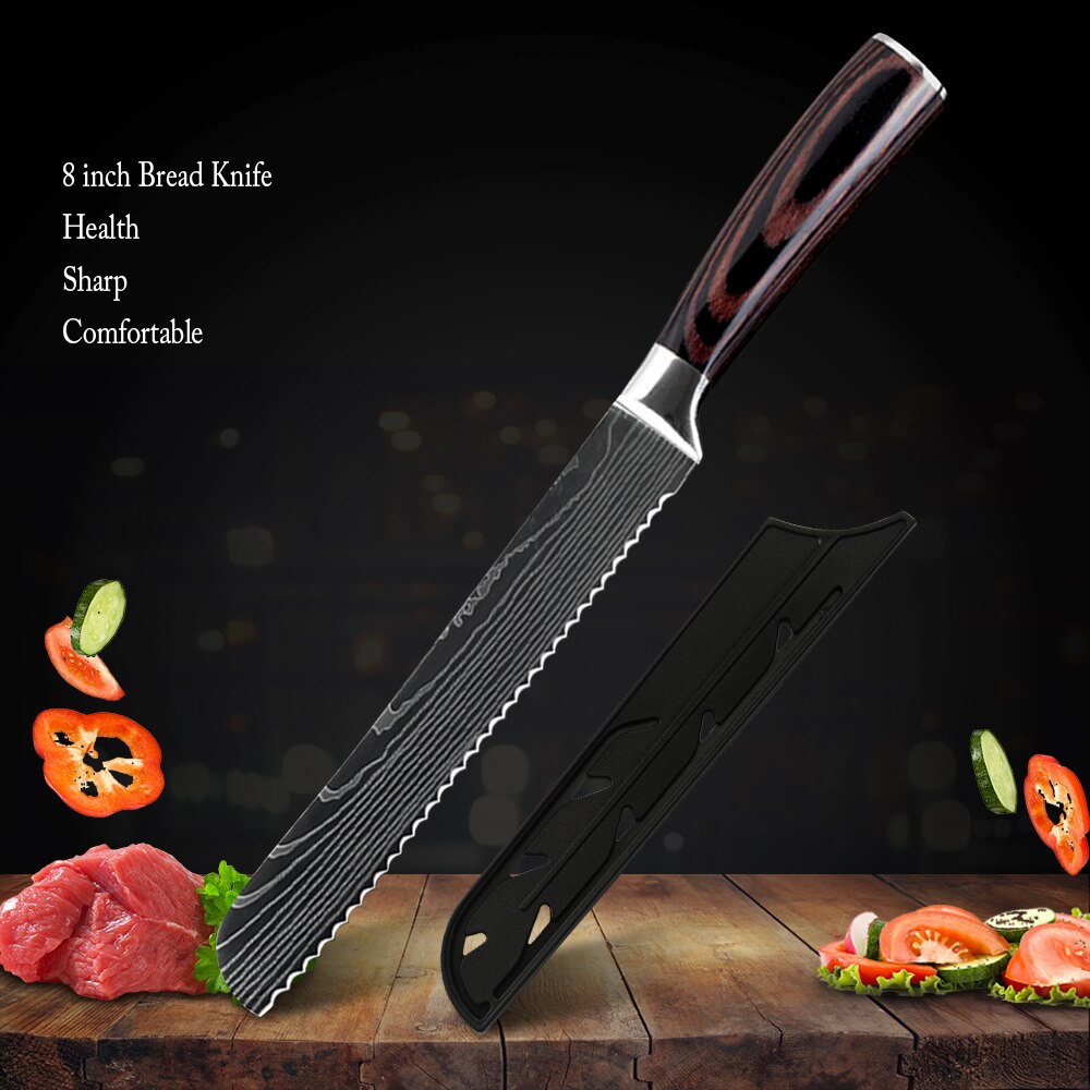 Chef Knife With Cover 1-8Pcs Stainless Steel Kitchen Knife Cleaver Slicing Damascus Veins