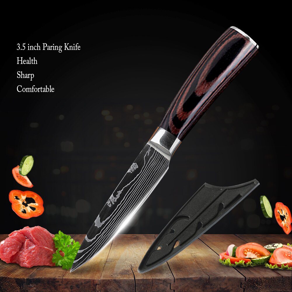 Chef Knife With Cover 1-8Pcs Stainless Steel Kitchen Knife Cleaver Slicing Damascus Veins