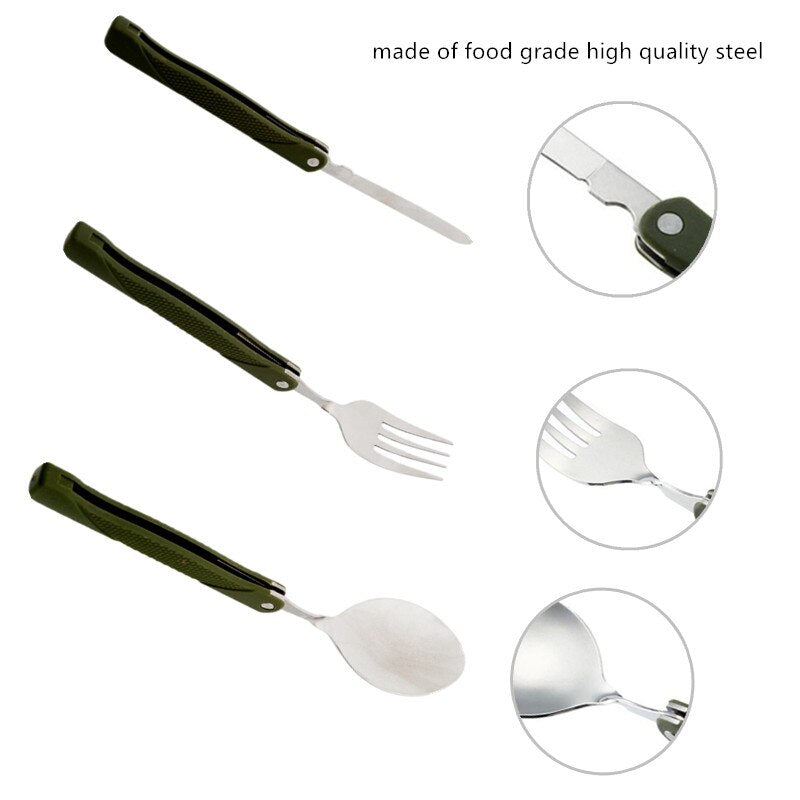 Long cookware backpack Spork fork stainless steel fold knife utensil spoon set combo Picnic camp