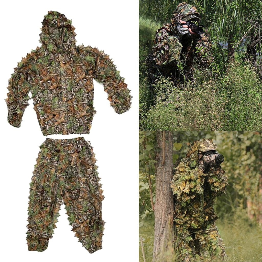 3D Camo Hooded Stretchy Ghillie Suits Clothes Jacket Pants Zipper Design for Hunting Shooting