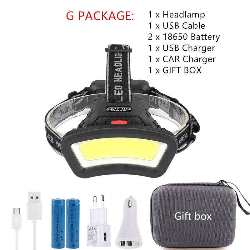 cob led headlamp USB Rechargeable red white light Fishing headlight Hunting