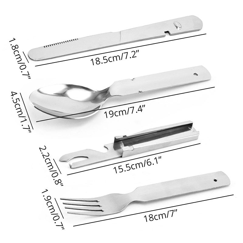 4-in-1 Portable Stainless Steel Camping Spoon, Fork, Knife and Can/Bottle Opener, Military