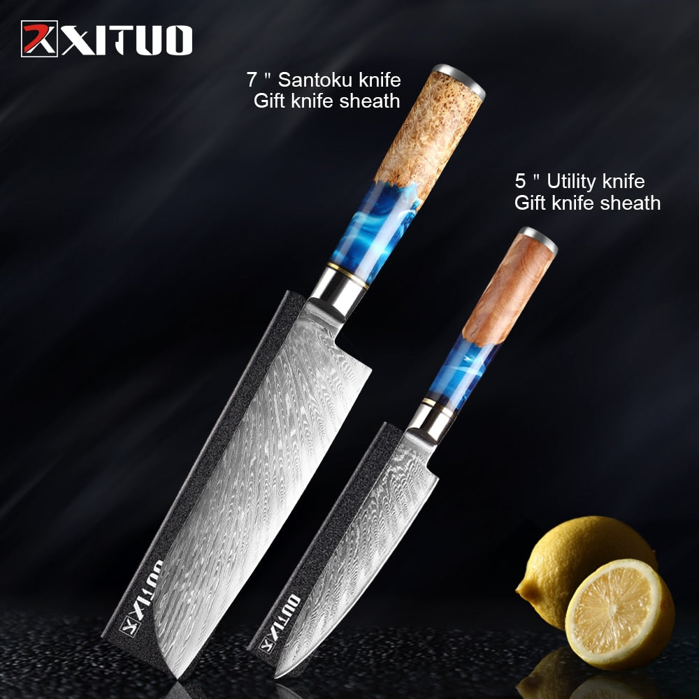 Knives-Set Damascus Steel Chef Knife Cleaver Paring Utility Bread Knife Cooking Tool Blue