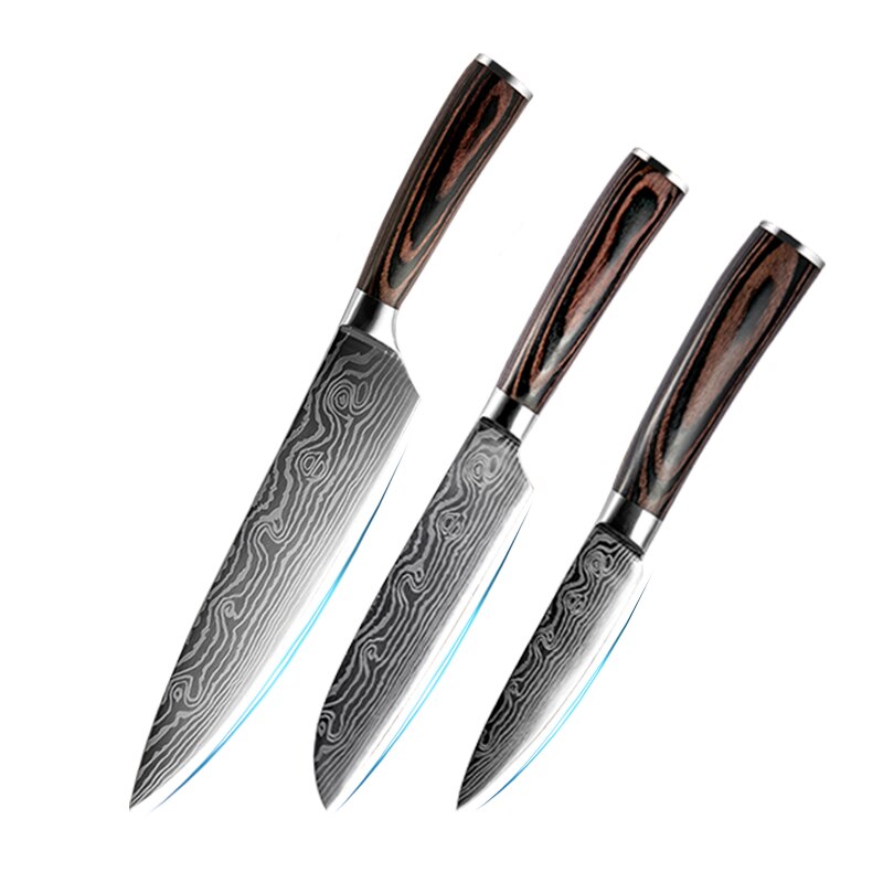 Knife Set Kitchen 3PCs Japanese Chef Knives Laser Damascus Pattern  Stainless Steel Cleaver Slicing