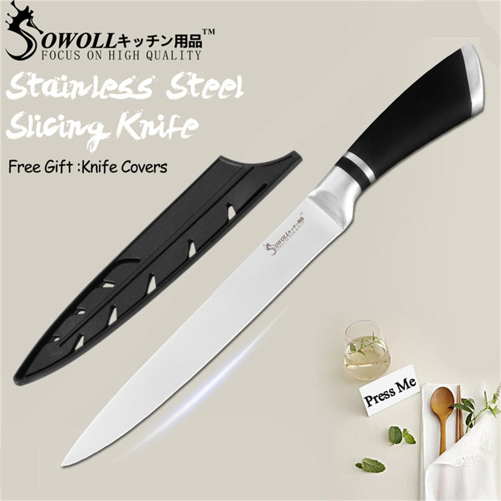 SOWOLL Kitchen Knives 1-7Pcs Stainless Steel Knives Paring Utility Santoku Bread Slicing Tool