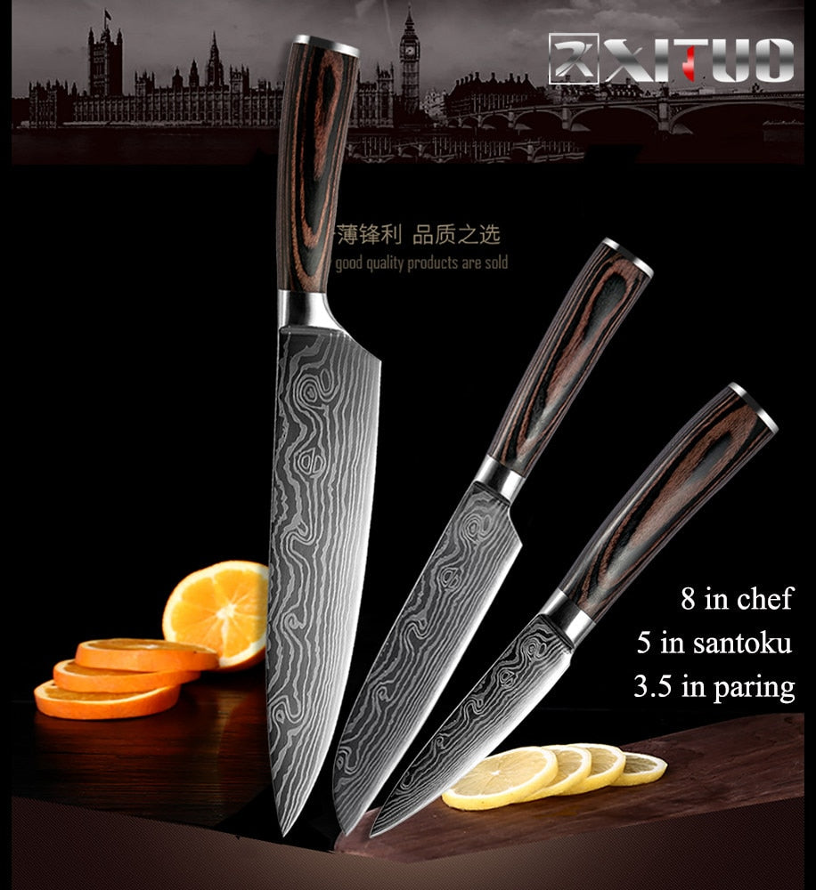 2-5PCS Set Kitchen Knife Damascus Laser Stainless Steel Blades Chef Knife Santoku knife