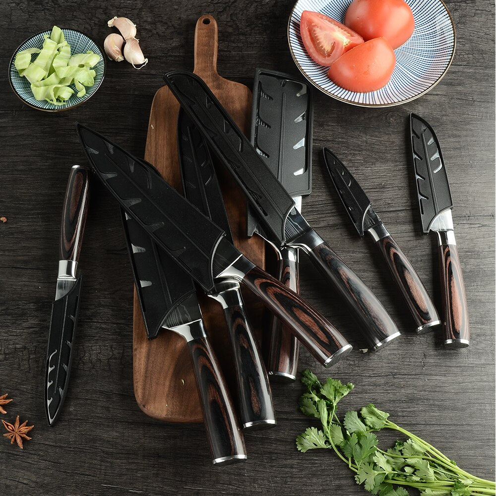 Chef Knife With Cover 1-8Pcs Stainless Steel Kitchen Knife Cleaver Slicing Damascus Veins