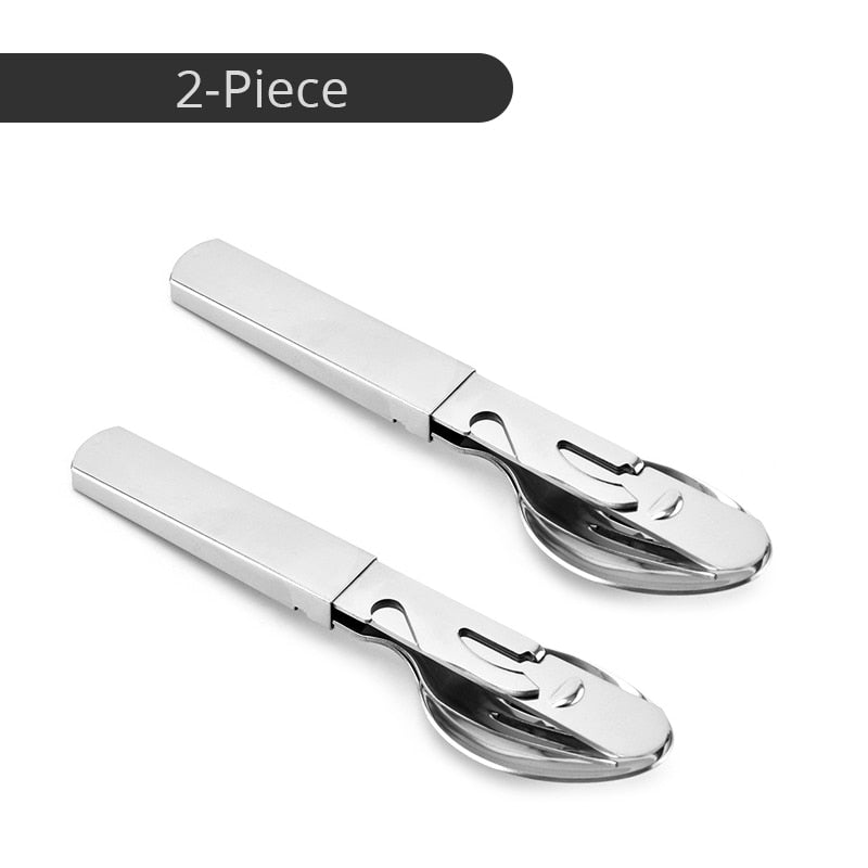 4-in-1 Portable Stainless Steel Camping Spoon, Fork, Knife and Can/Bottle Opener, Military