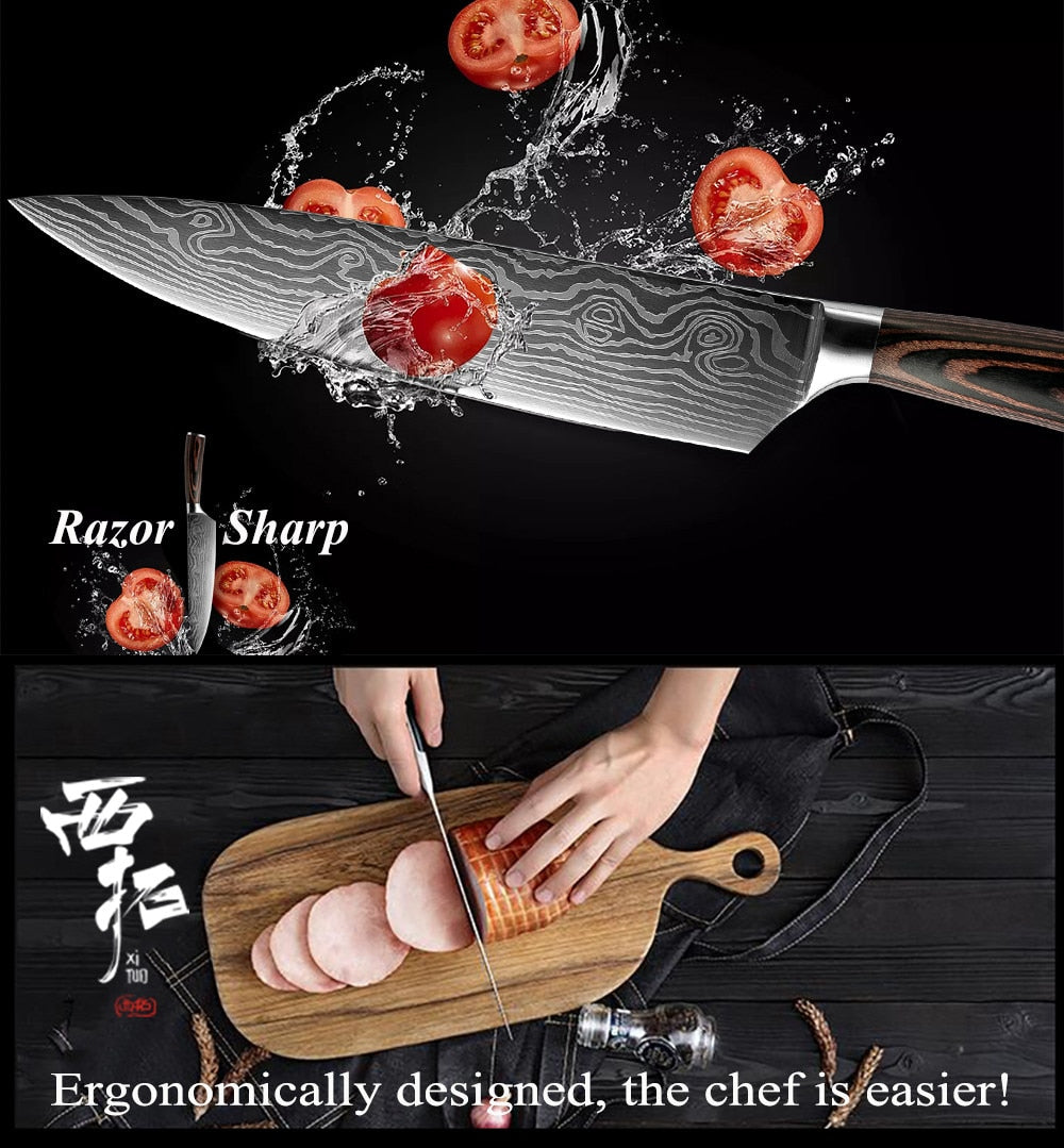 2-5PCS Set Kitchen Knife Damascus Laser Stainless Steel Blades Chef Knife Santoku knife