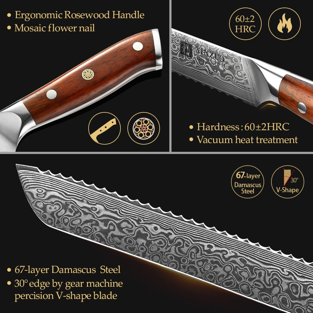 9'' Inch Serrated Bread Knife Damascus Steel Rosewood Handle Kitchen Knives Brand High