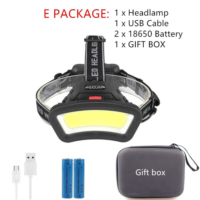 cob led headlamp USB Rechargeable red white light Fishing headlight Hunting