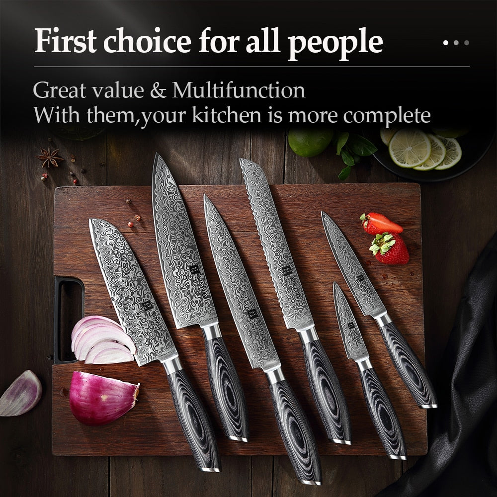 6PCS Kitchen Knives Sets High Carbon Japanese Style VG10 Damascus Steel Chef Santoku