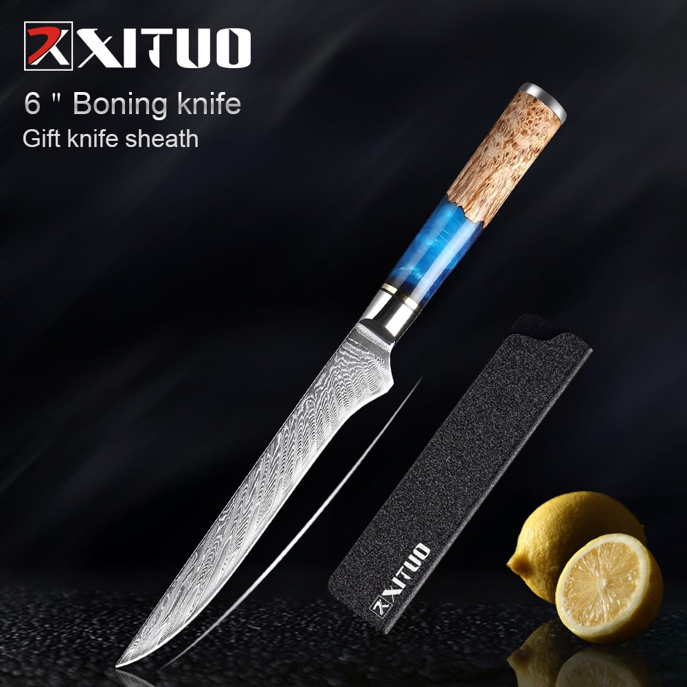 Knives-Set Damascus Steel Chef Knife Cleaver Paring Utility Bread Knife Cooking Tool Blue