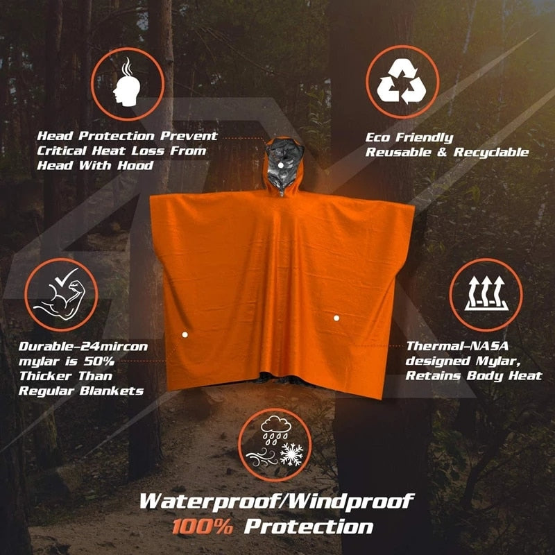 Emergency Blanket Aluminum Film Poncho Raincoat Outdoor Survival Tool Warmer