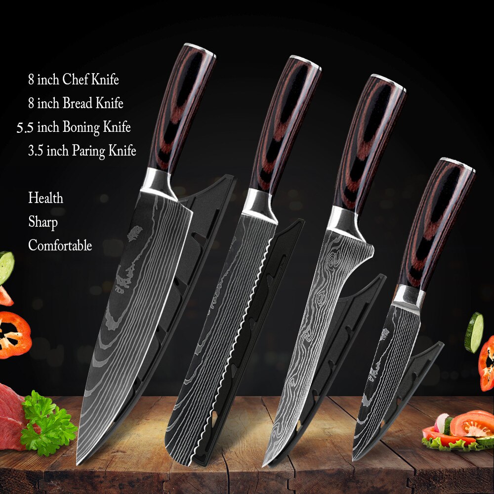 Chef Knife With Cover 1-8Pcs Stainless Steel Kitchen Knife Cleaver Slicing Damascus Veins