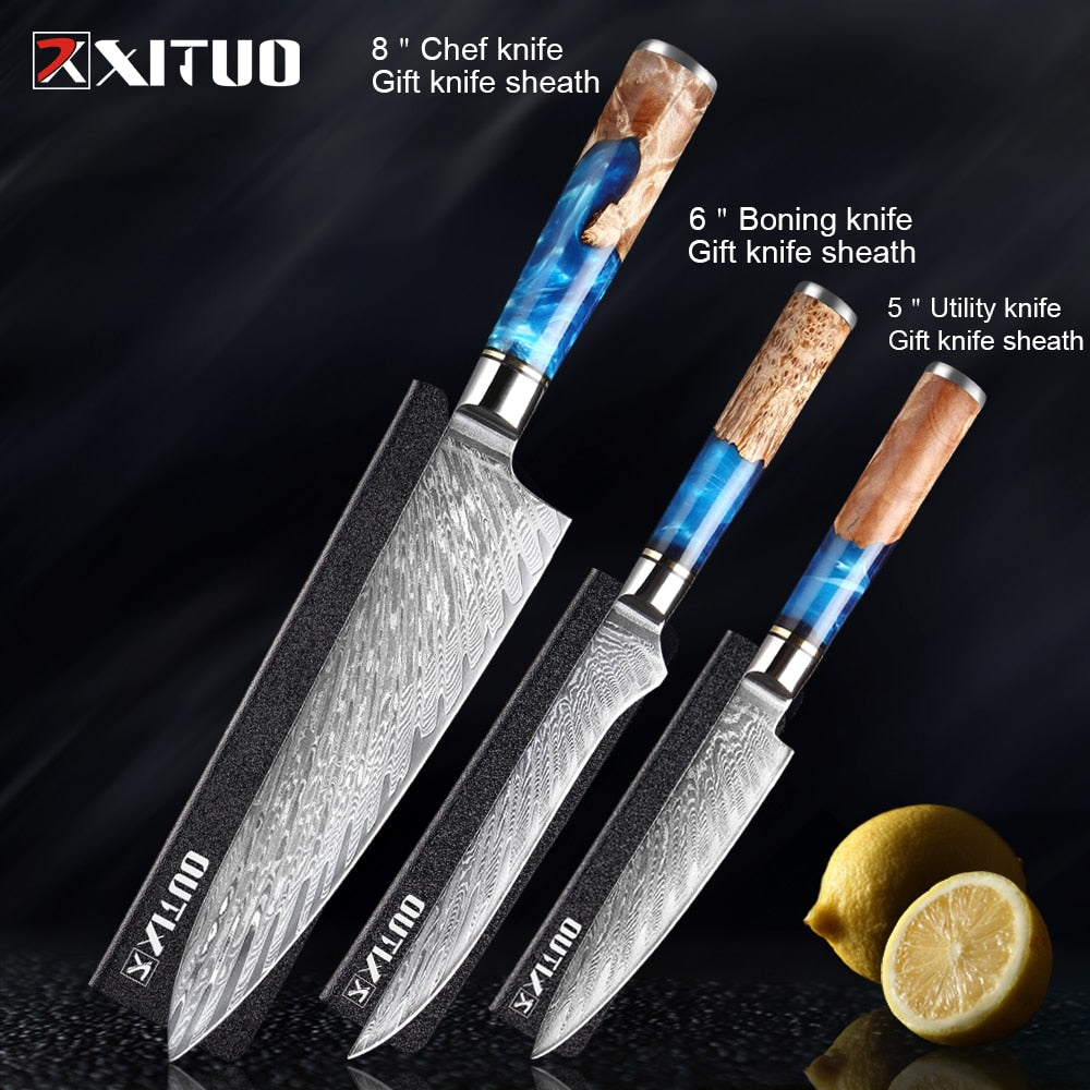 Knives-Set Damascus Steel Chef Knife Cleaver Paring Utility Bread Knife Cooking Tool Blue