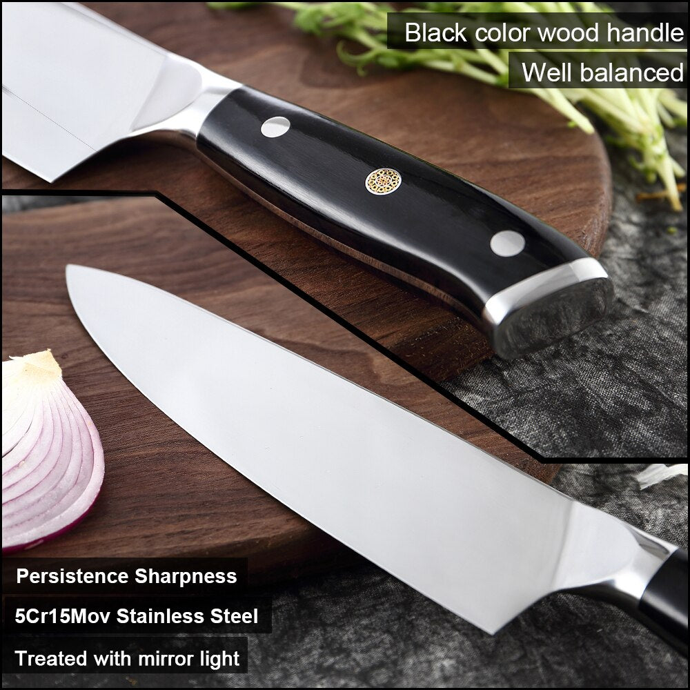 German Stainless Steel Kitchen Knife 1-7PCS Chef Knife Sharp Santoku Knife Cleaver Paring