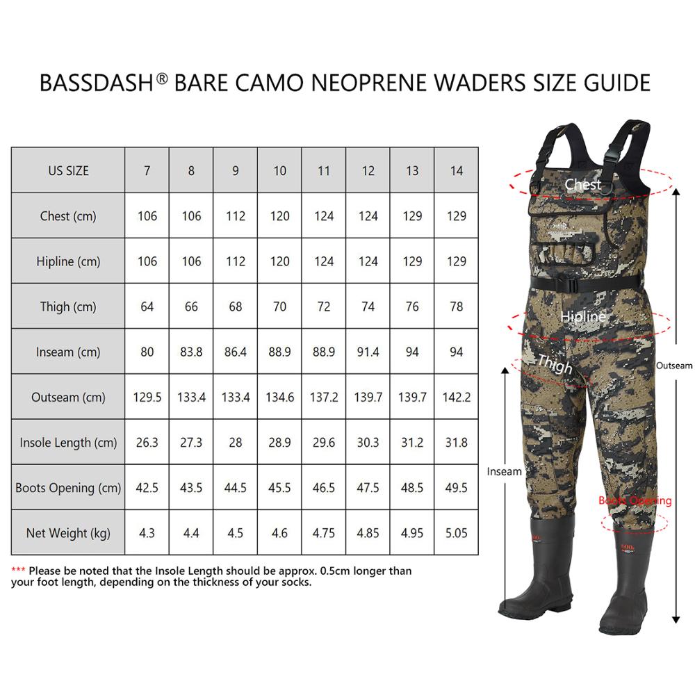 Bassdash Bare Camo Neoprene Chest Fishing Hunting Waders for Men with 600 Grams Insulated