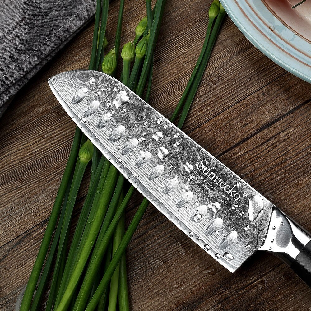 Premium SUNNECKO 7" Santoku Kitchen Knife Japanese VG10 Steel Blade Razor Sharp Knives