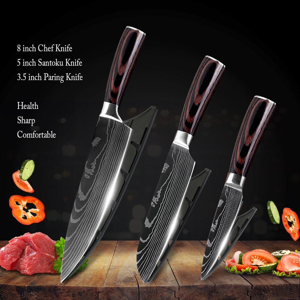 Chef Knife With Cover 1-8Pcs Stainless Steel Kitchen Knife Cleaver Slicing Damascus Veins