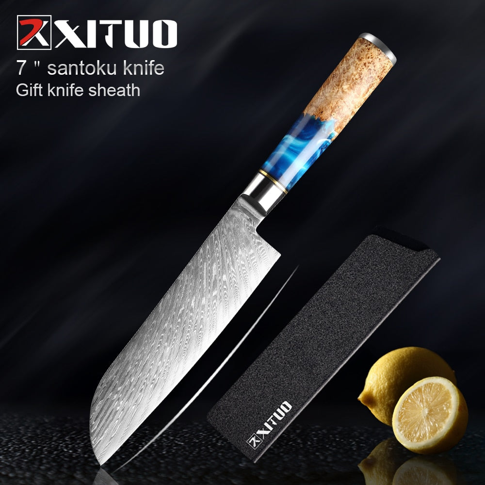 Knives-Set Damascus Steel Chef Knife Cleaver Paring Utility Bread Knife Cooking Tool Blue