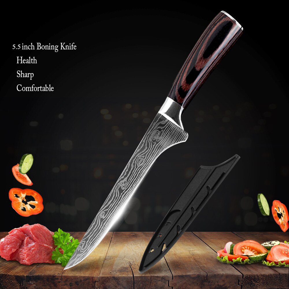 Chef Knife With Cover 1-8Pcs Stainless Steel Kitchen Knife Cleaver Slicing Damascus Veins