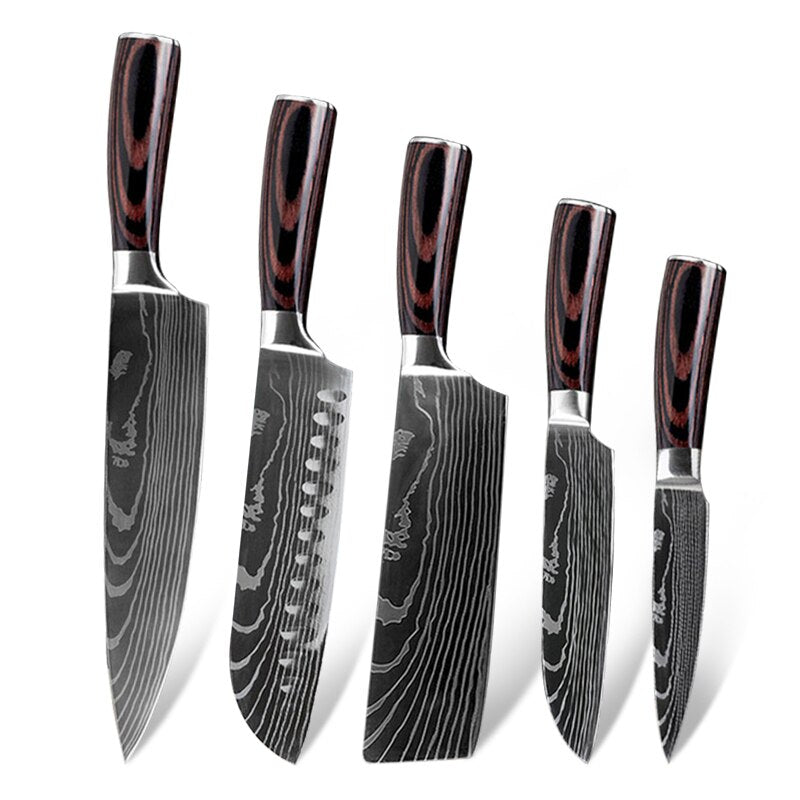 10pcs Damascus Kitchen Knife Set Laser Pattern Professional Chef Knives 440C Stainless