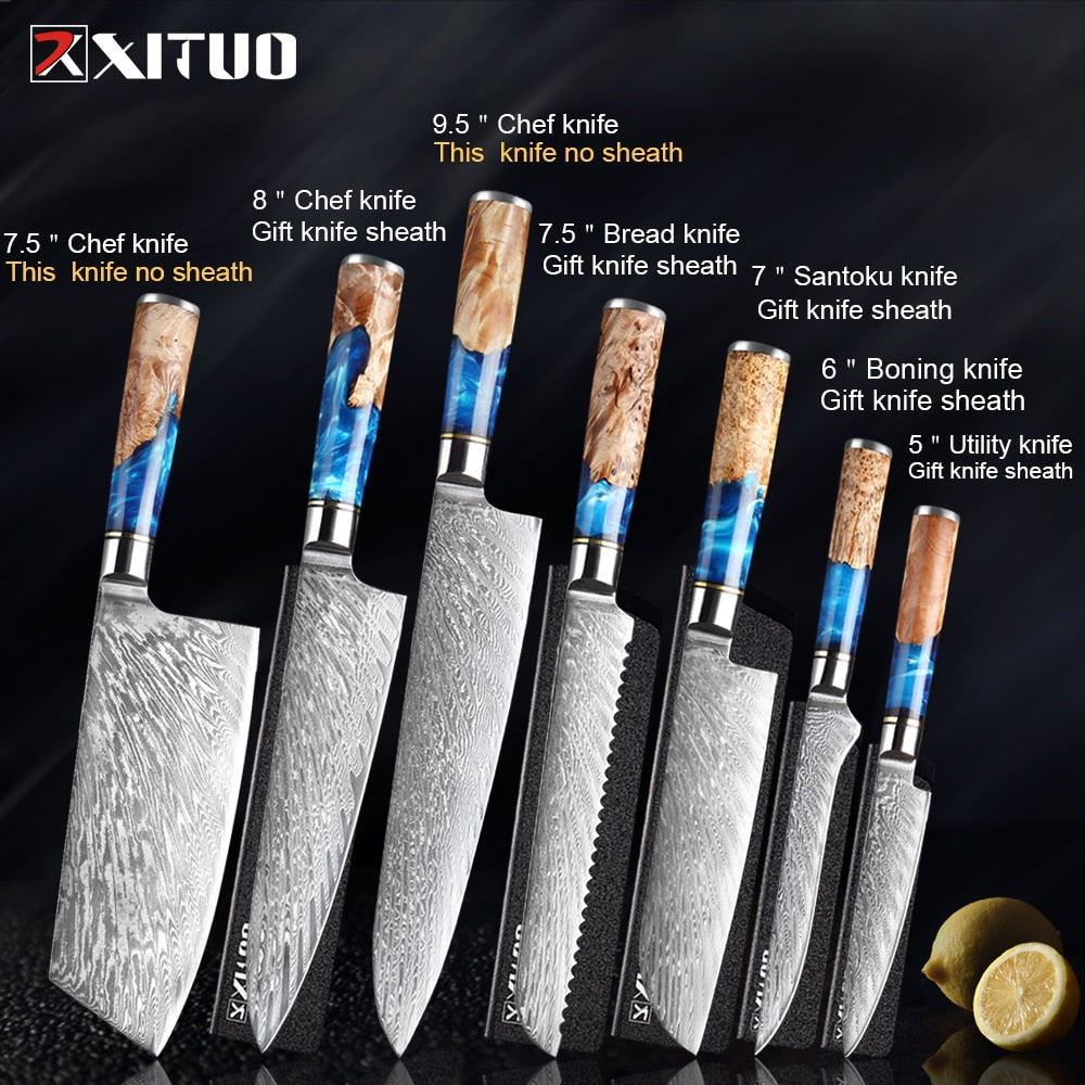 Knives-Set Damascus Steel Chef Knife Cleaver Paring Utility Bread Knife Cooking Tool Blue