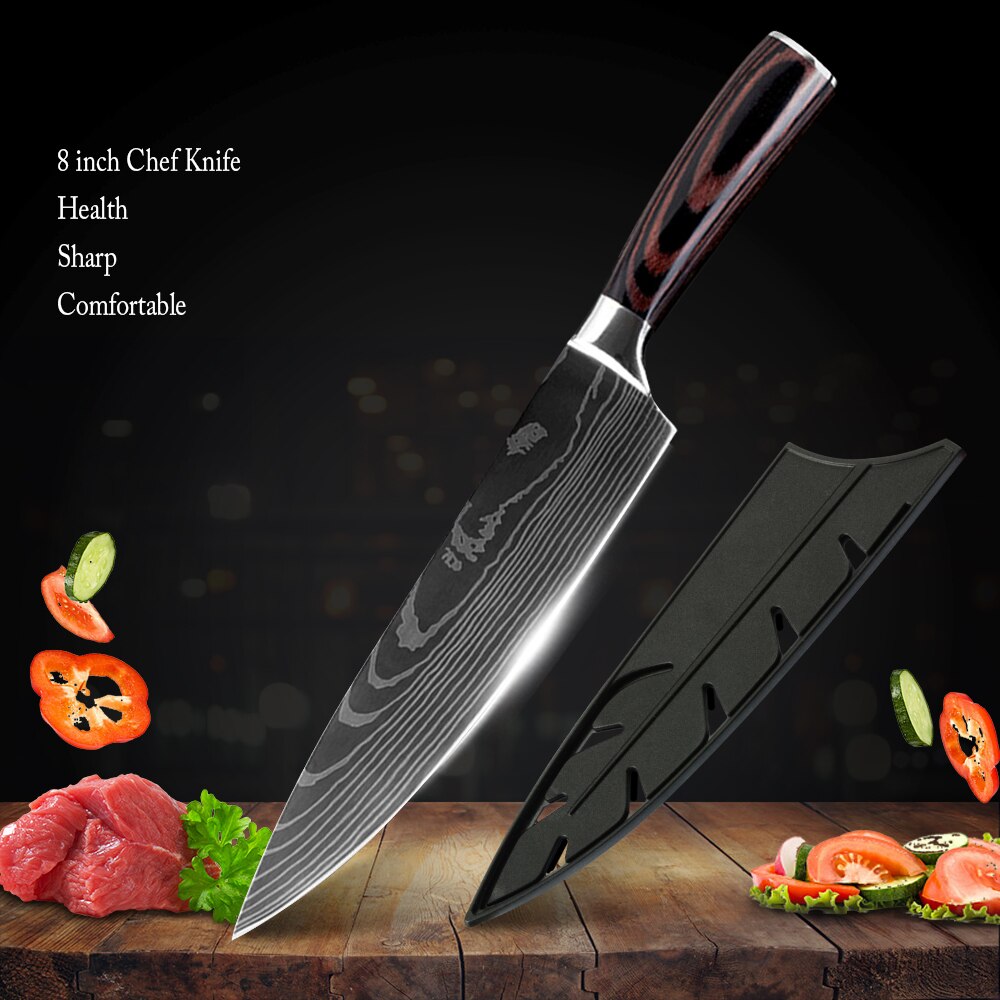 Chef Knife With Cover 1-8Pcs Stainless Steel Kitchen Knife Cleaver Slicing Damascus Veins