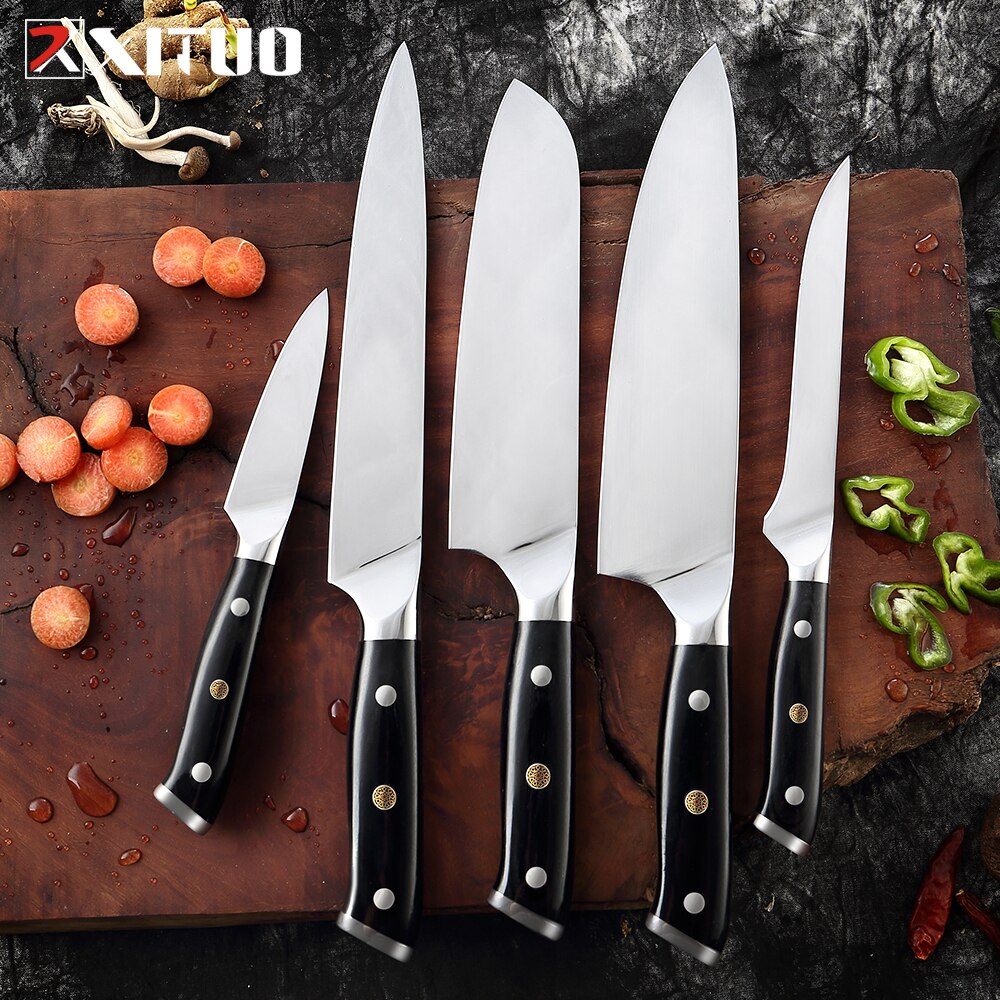 German Stainless Steel Kitchen Knife 1-7PCS Chef Knife Sharp Santoku Knife Cleaver Paring