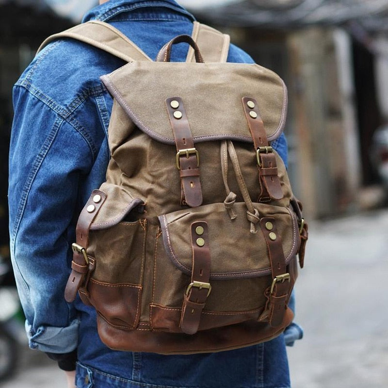 Waxed Canvas Backpack Men Backpacks Leisure Rucksack Travel School Bag Laptop