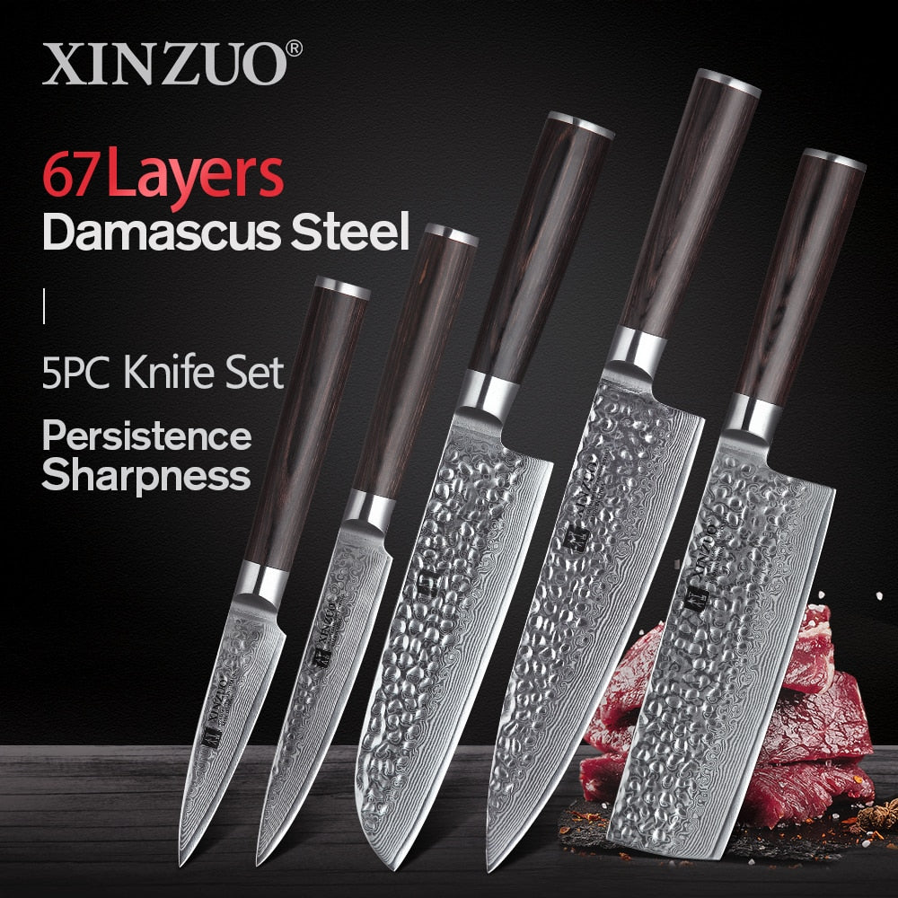 1-5 PCS Kitchen Knives Set VG10 Damascus Stainless Steel Sharp Chef Santoku Nakiri Handle