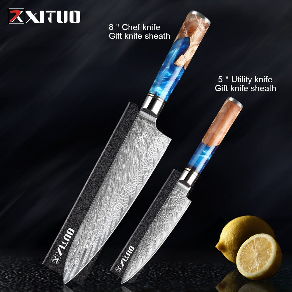 Knives-Set Damascus Steel Chef Knife Cleaver Paring Utility Bread Knife Cooking Tool Blue