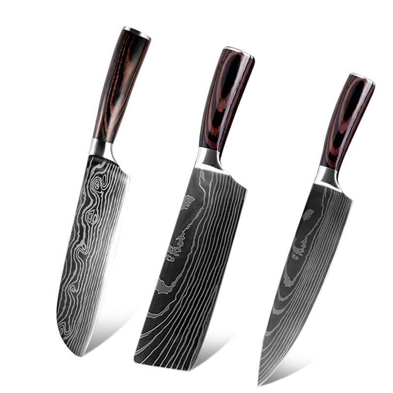 10pcs Damascus Kitchen Knife Set Laser Pattern Professional Chef Knives 440C Stainless