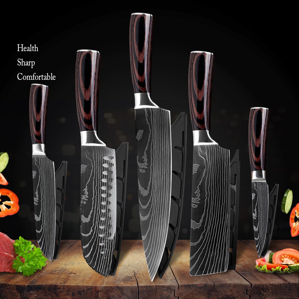 Chef Knife With Cover 1-8Pcs Stainless Steel Kitchen Knife Cleaver Slicing Damascus Veins